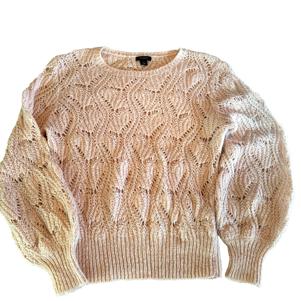 Halogen Soft Girl Pink Sweater Mohair Wool Blend sz S open crochet knit blush
